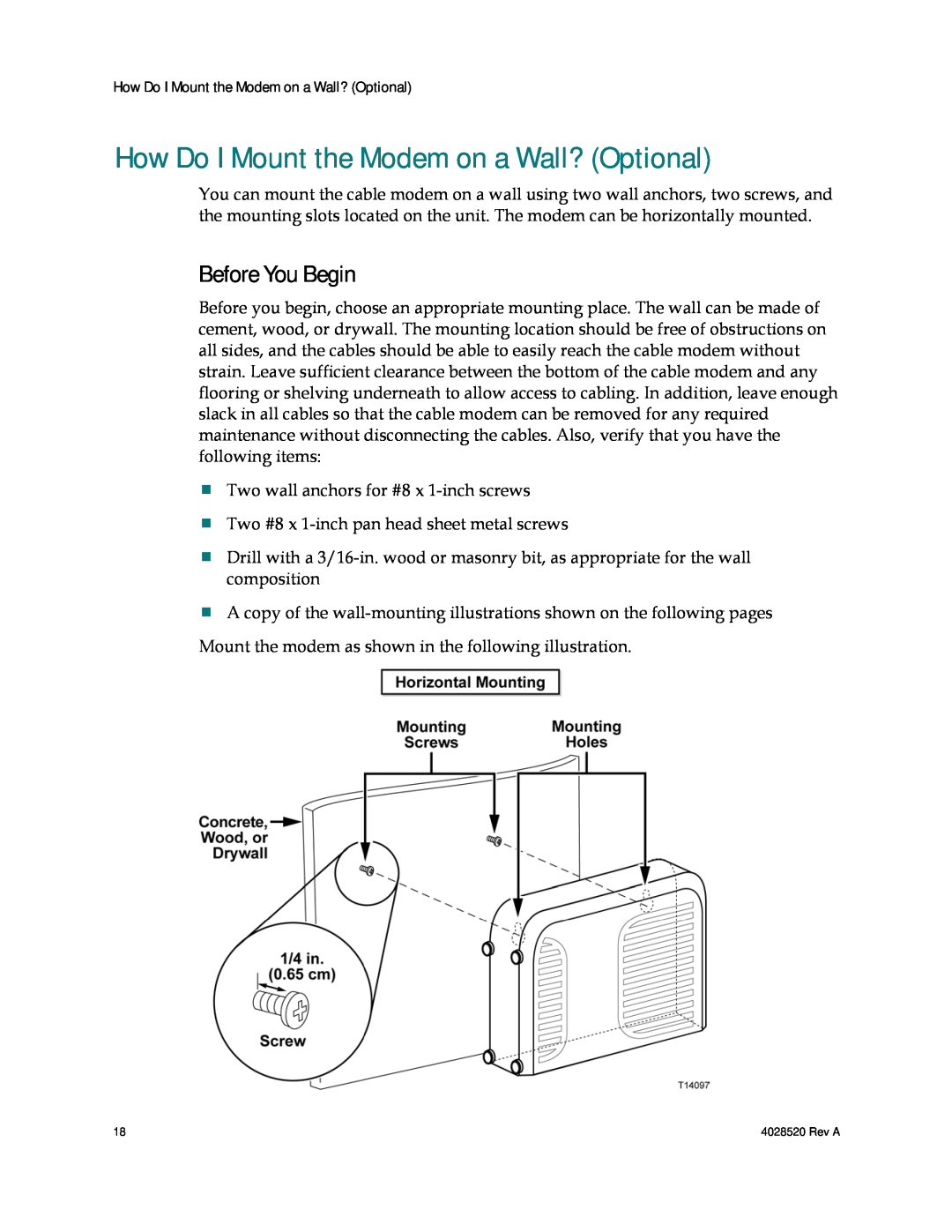 Cisco Systems DPQ2202 important safety instructions How Do I Mount the Modem on a Wall? Optional, Before You Begin 