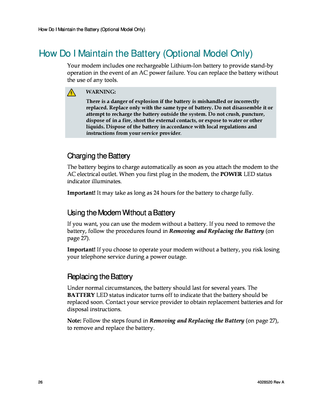 Cisco Systems DPQ2202 How Do I Maintain the Battery Optional Model Only, Charging the Battery, Replacing the Battery 