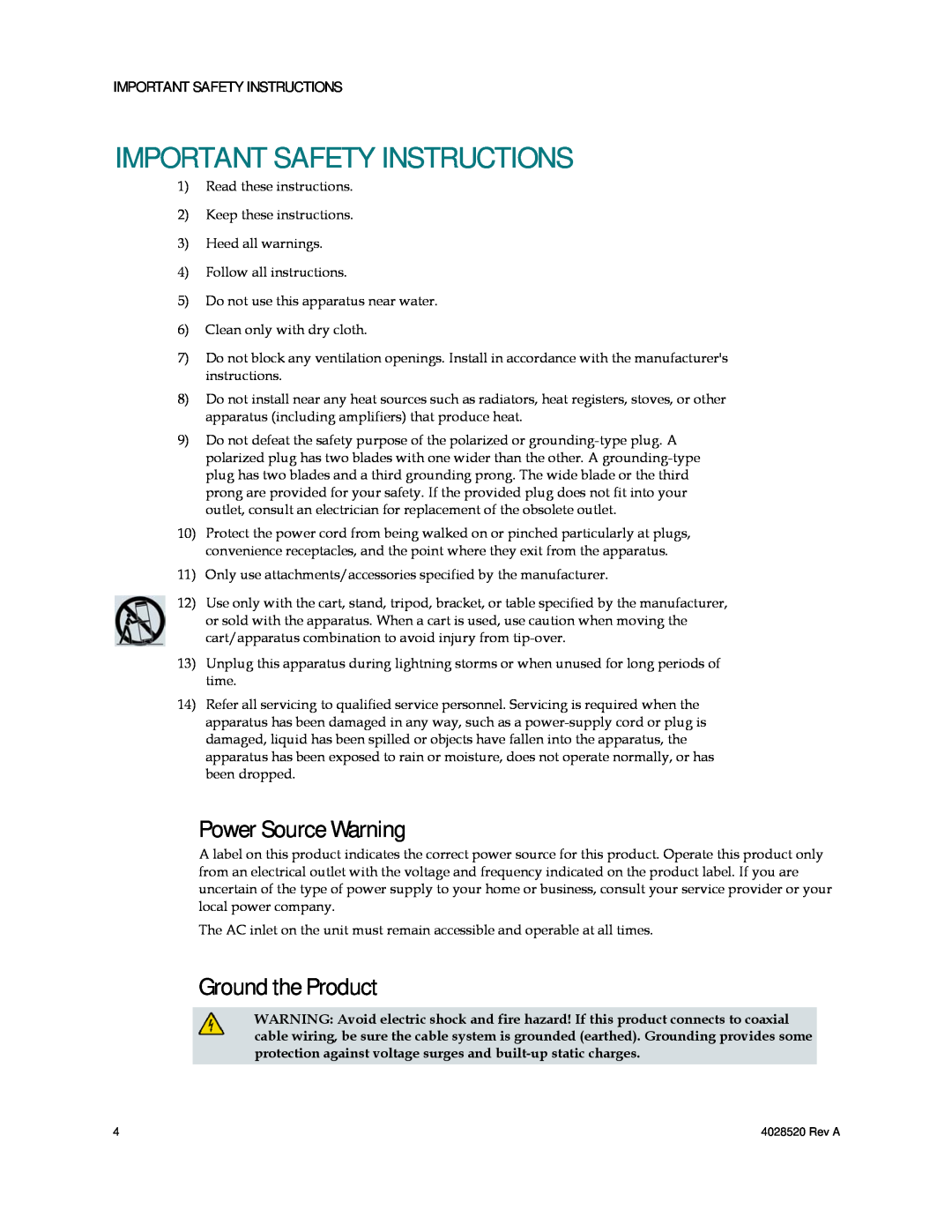 Cisco Systems DPQ2202 important safety instructions Power Source Warning, Ground the Product, Important Safety Instructions 
