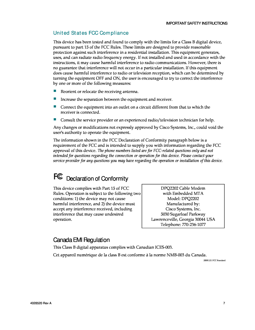 Cisco Systems DPQ2202 Declaration of Conformity, Canada EMI Regulation, United States FCC Compliance 