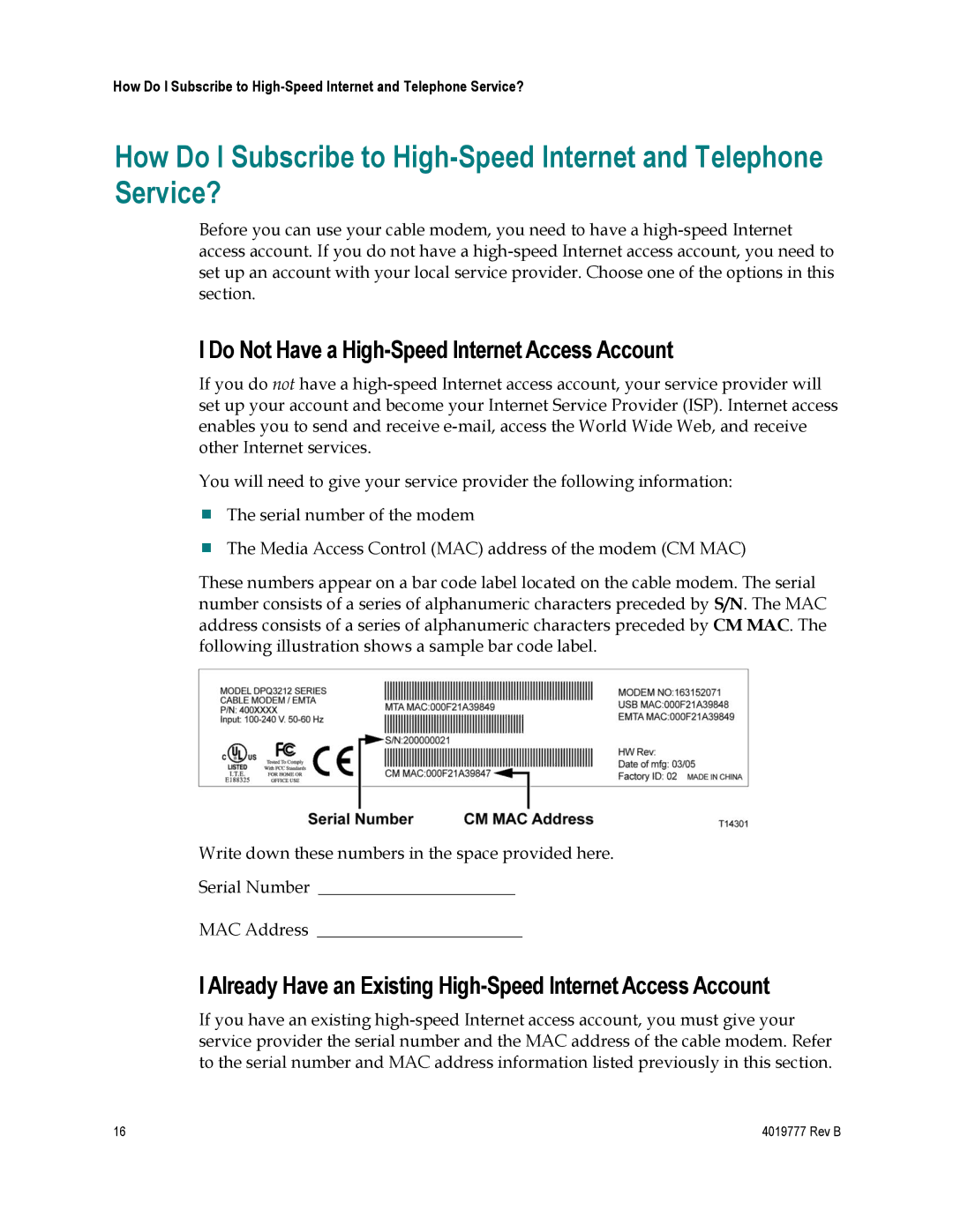 Cisco Systems DPQ3212 important safety instructions Do Not Have a High-Speed Internet Access Account 