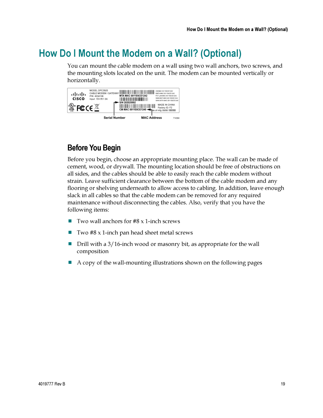 Cisco Systems DPQ3212 important safety instructions How Do I Mount the Modem on a Wall? Optional, Before You Begin 