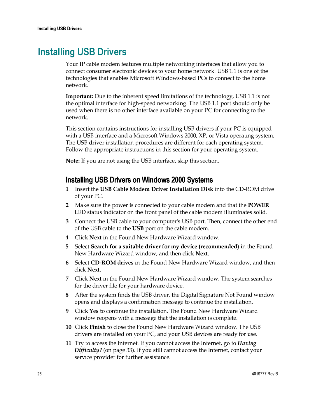 Cisco Systems DPQ3212 important safety instructions Installing USB Drivers on Windows 2000 Systems 