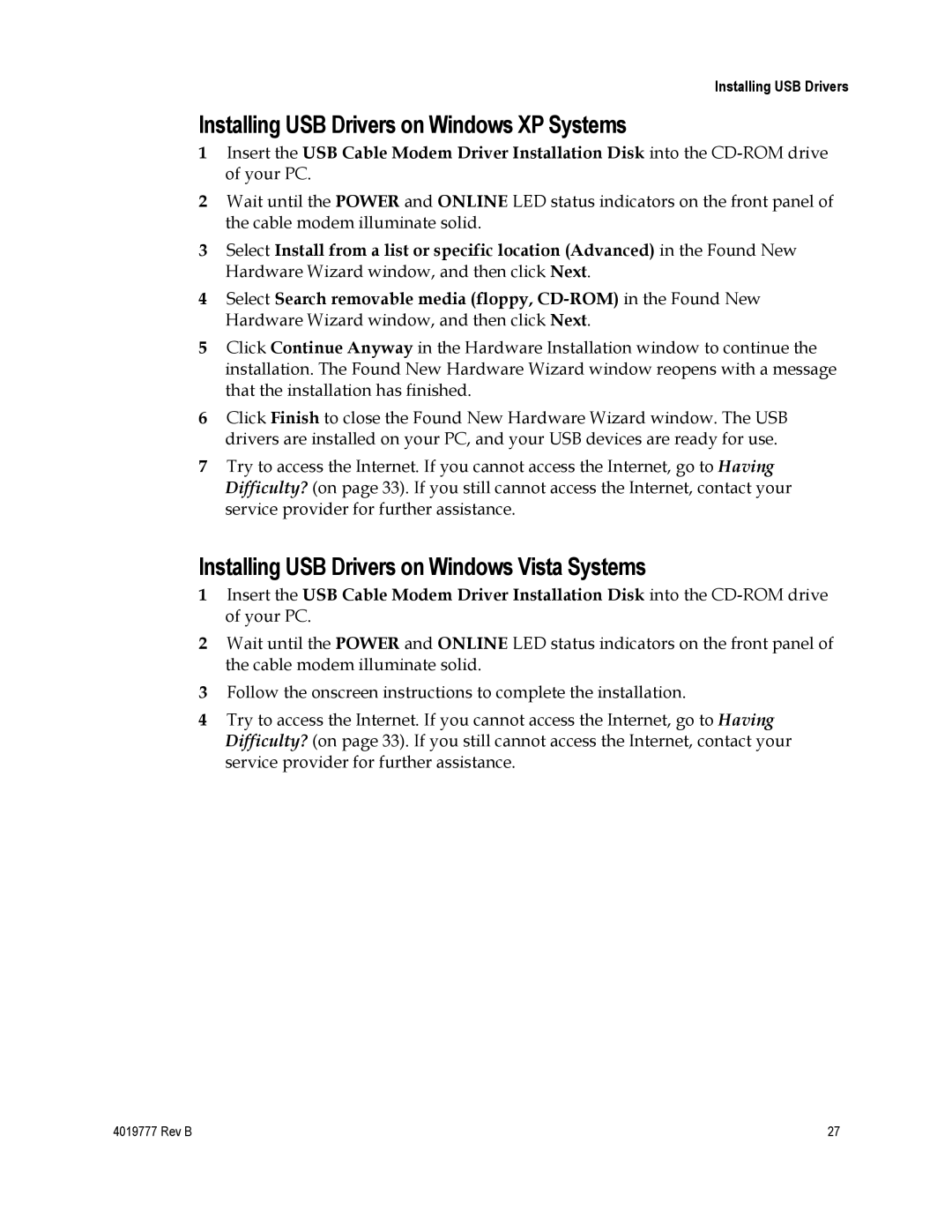 Cisco Systems DPQ3212 Installing USB Drivers on Windows XP Systems, Installing USB Drivers on Windows Vista Systems 