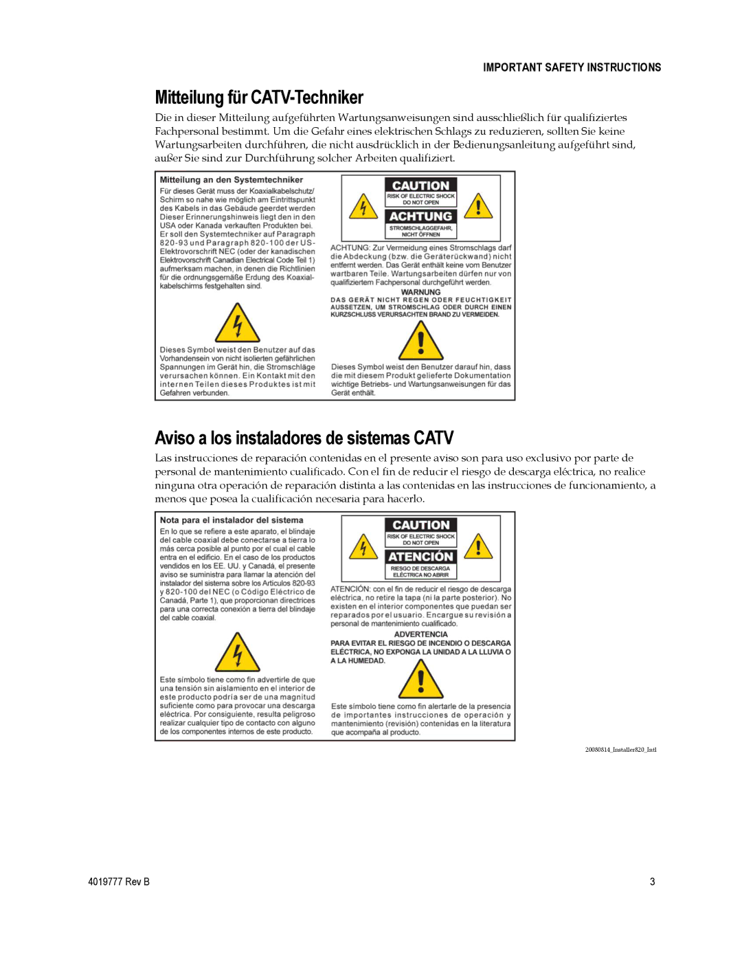 Cisco Systems DPQ3212 Mitteilung für CATV-Techniker, Aviso a los instaladores de sistemas Catv 