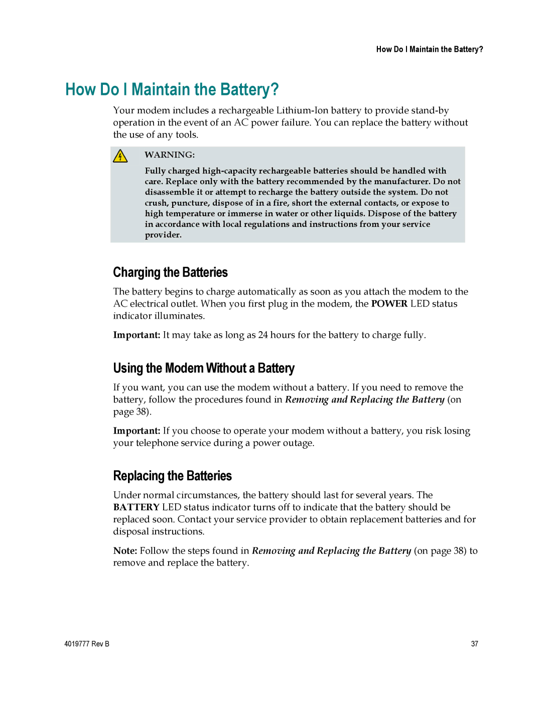 Cisco Systems DPQ3212 How Do I Maintain the Battery?, Charging the Batteries, Using the Modem Without a Battery 