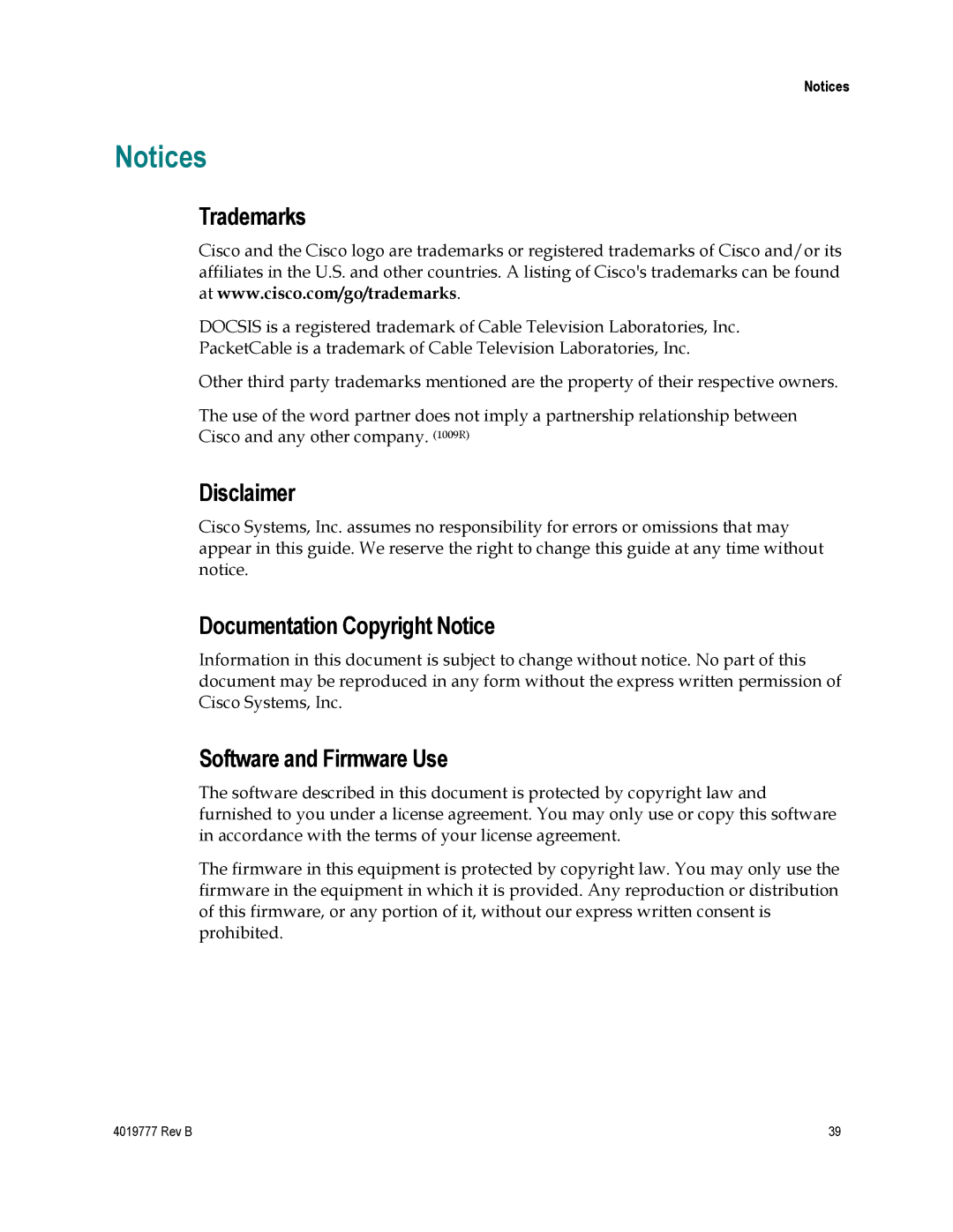 Cisco Systems DPQ3212 Trademarks, Disclaimer, Documentation Copyright Notice, Software and Firmware Use 