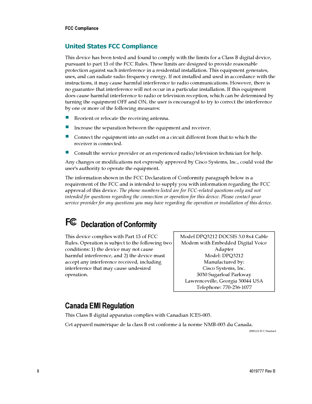 Cisco Systems DPQ3212 important safety instructions Declaration of Conformity, Canada EMI Regulation 