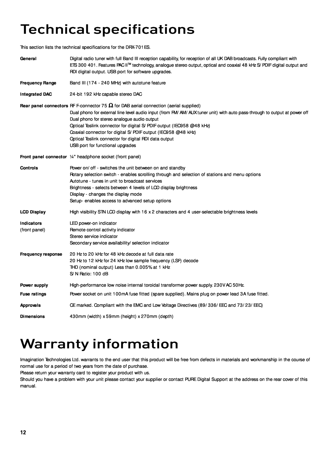 Cisco Systems DRX-701ES manual Technical specifications, Warranty information 