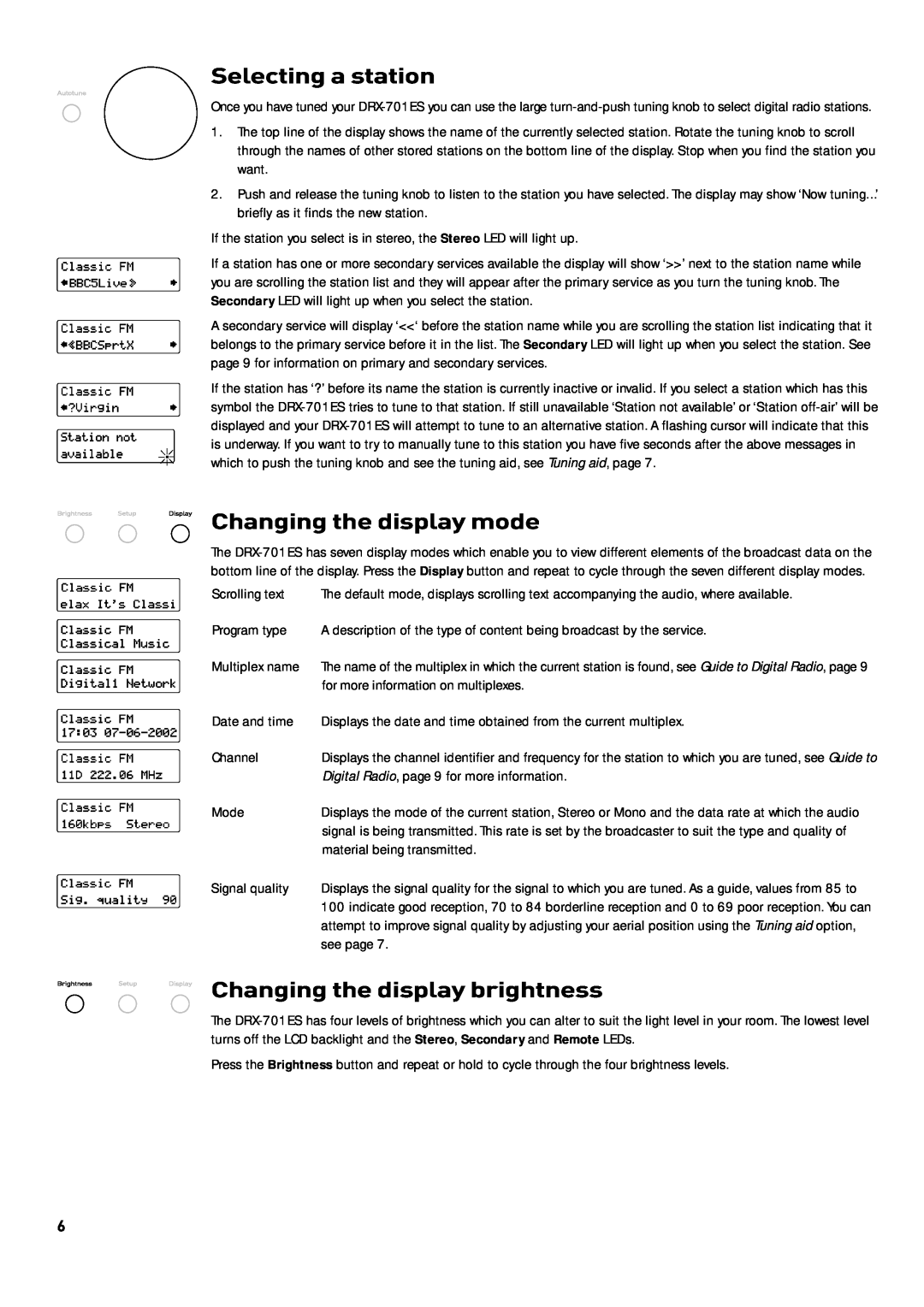 Cisco Systems DRX-701ES manual Selecting a station, Changing the display mode, Changing the display brightness 