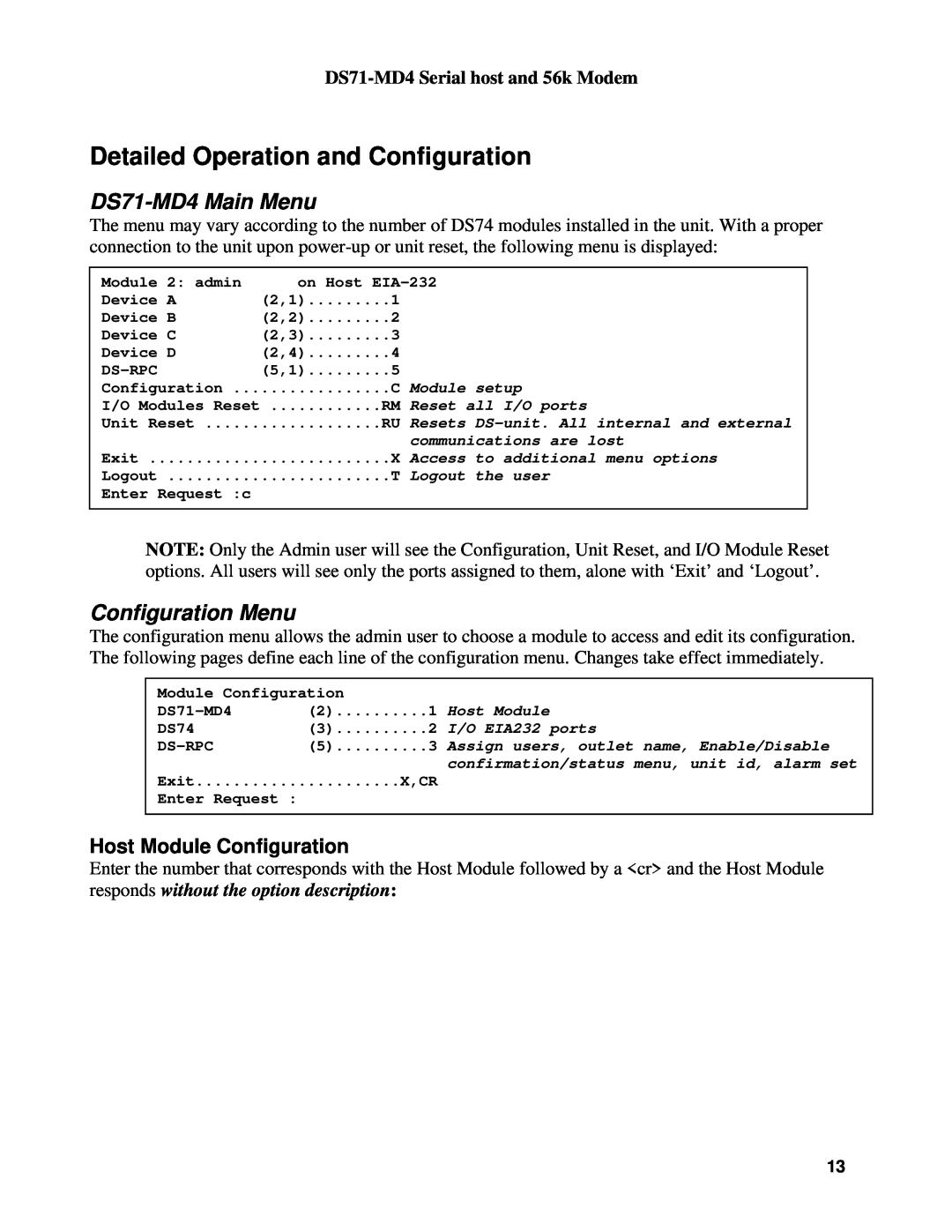 Cisco Systems DS Series manual Detailed Operation and Configuration, DS71-MD4 Main Menu, Configuration Menu 