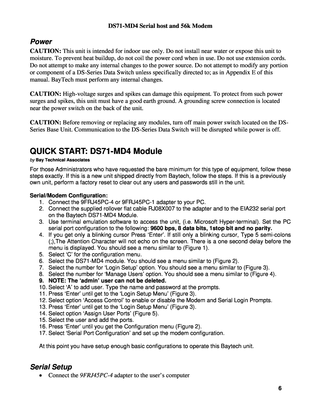 Cisco Systems DS Series manual QUICK START DS71-MD4 Module, Power, Serial Setup, DS71-MD4 Serial host and 56k Modem 
