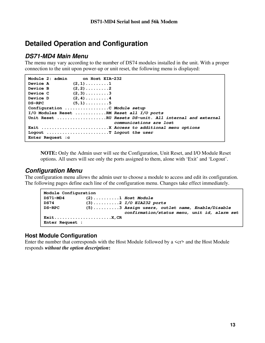 Cisco Systems DS Series manual Detailed Operation and Configuration, DS71-MD4 Main Menu, Configuration Menu 