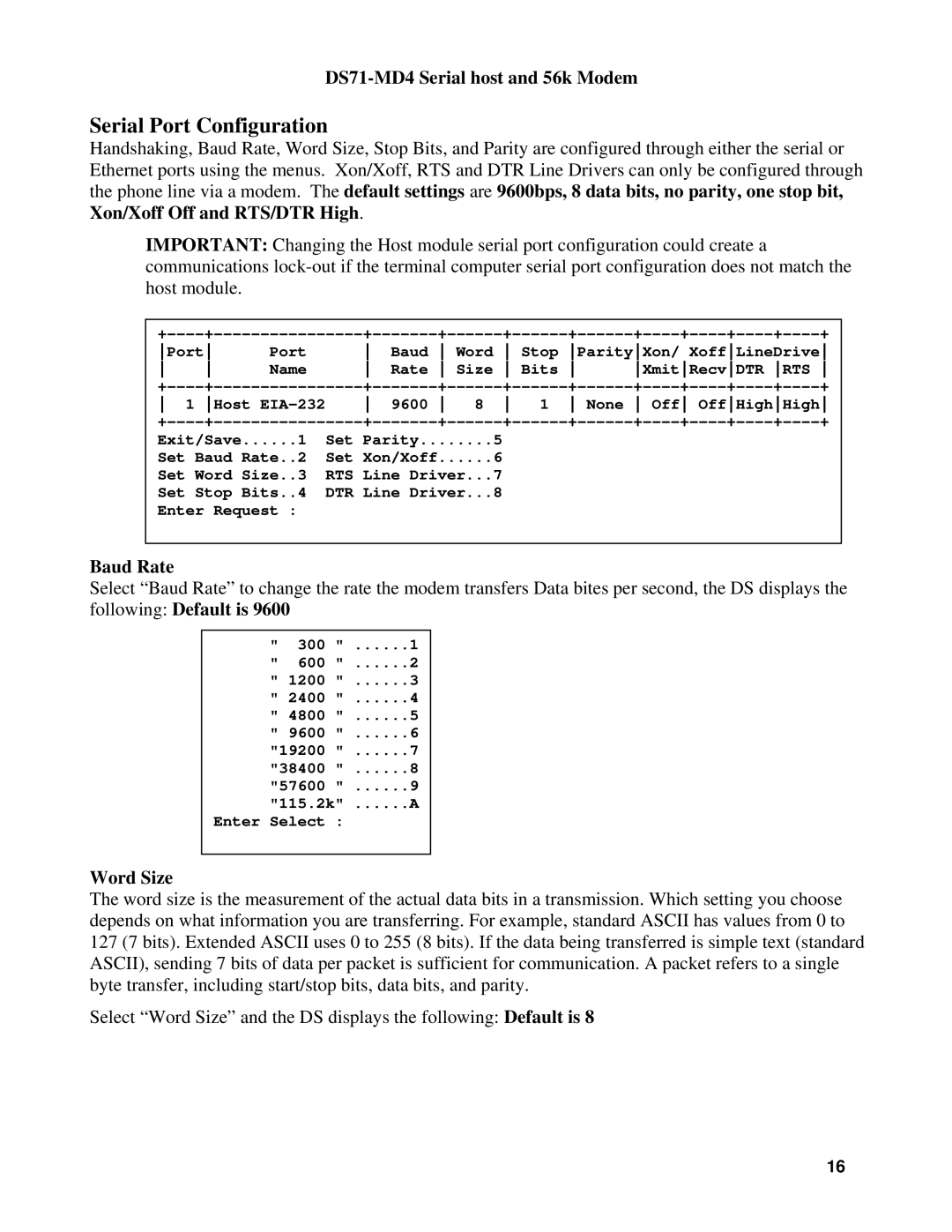 Cisco Systems DS71-MD4, DS Series manual Serial Port Configuration, Baud Rate, Word Size 