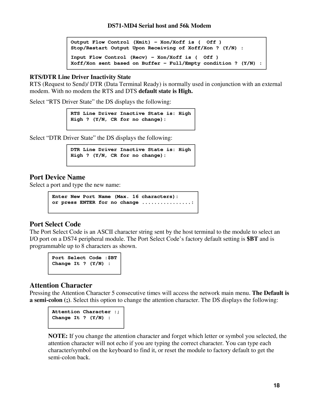 Cisco Systems DS71-MD4, DS Series manual Port Device Name, Port Select Code, RTS/DTR Line Driver Inactivity State 