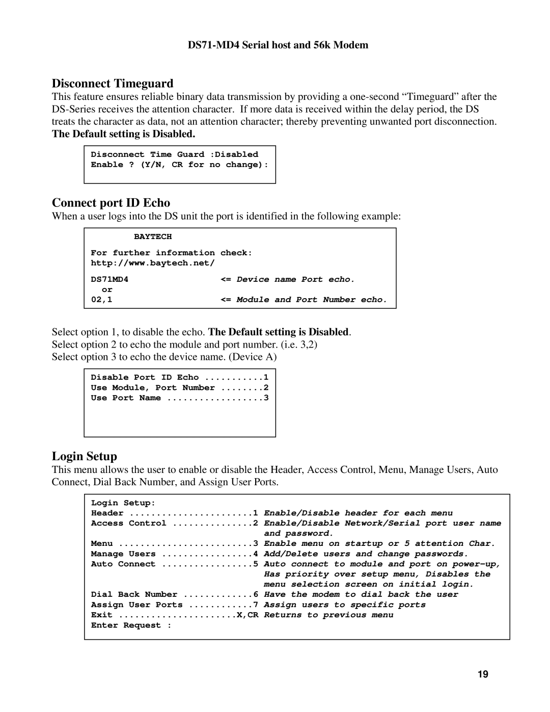 Cisco Systems DS Series, DS71-MD4 Disconnect Timeguard, Connect port ID Echo, Login Setup, Default setting is Disabled 