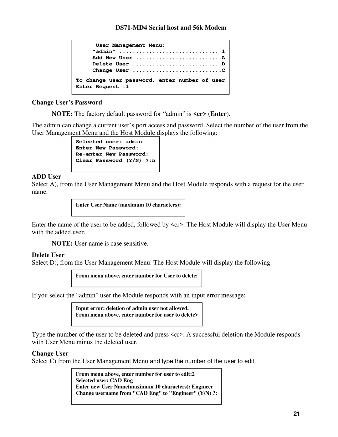 Cisco Systems DS Series, DS71-MD4 manual Change User’s Password, ADD User, Delete User 