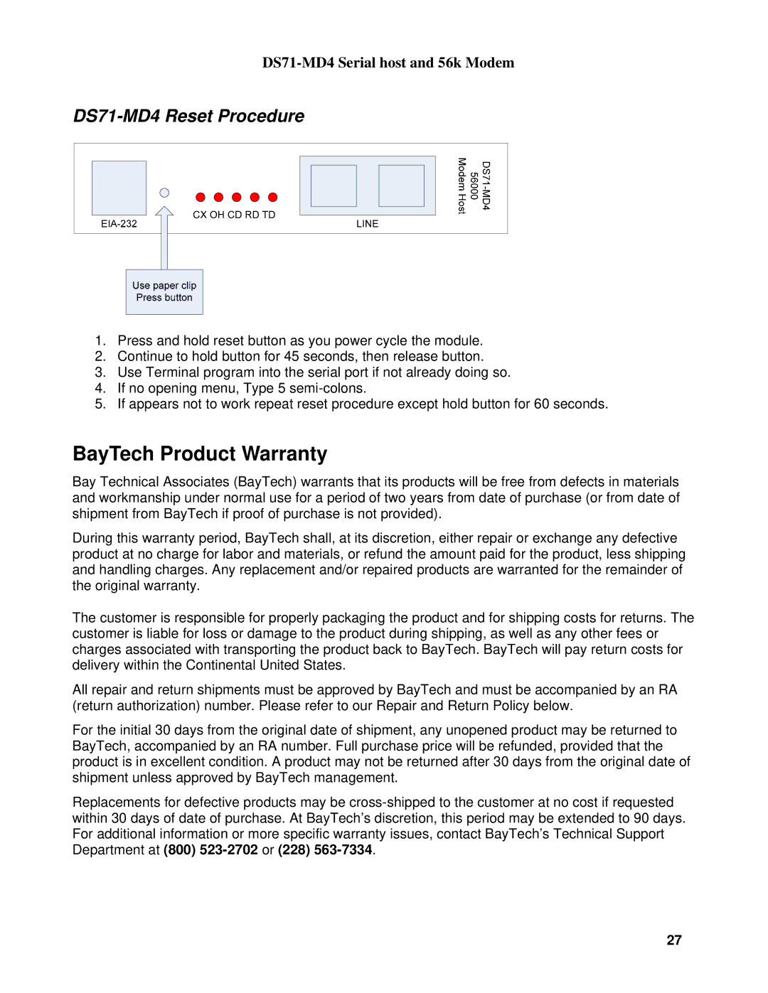 Cisco Systems DS Series manual BayTech Product Warranty, DS71-MD4 Reset Procedure 