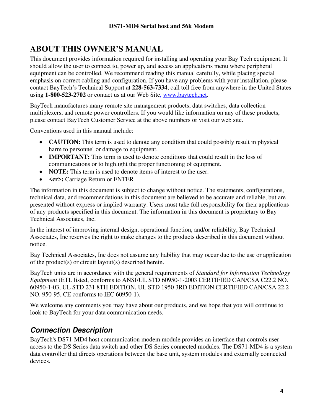 Cisco Systems DS71-MD4, DS Series manual Connection Description 