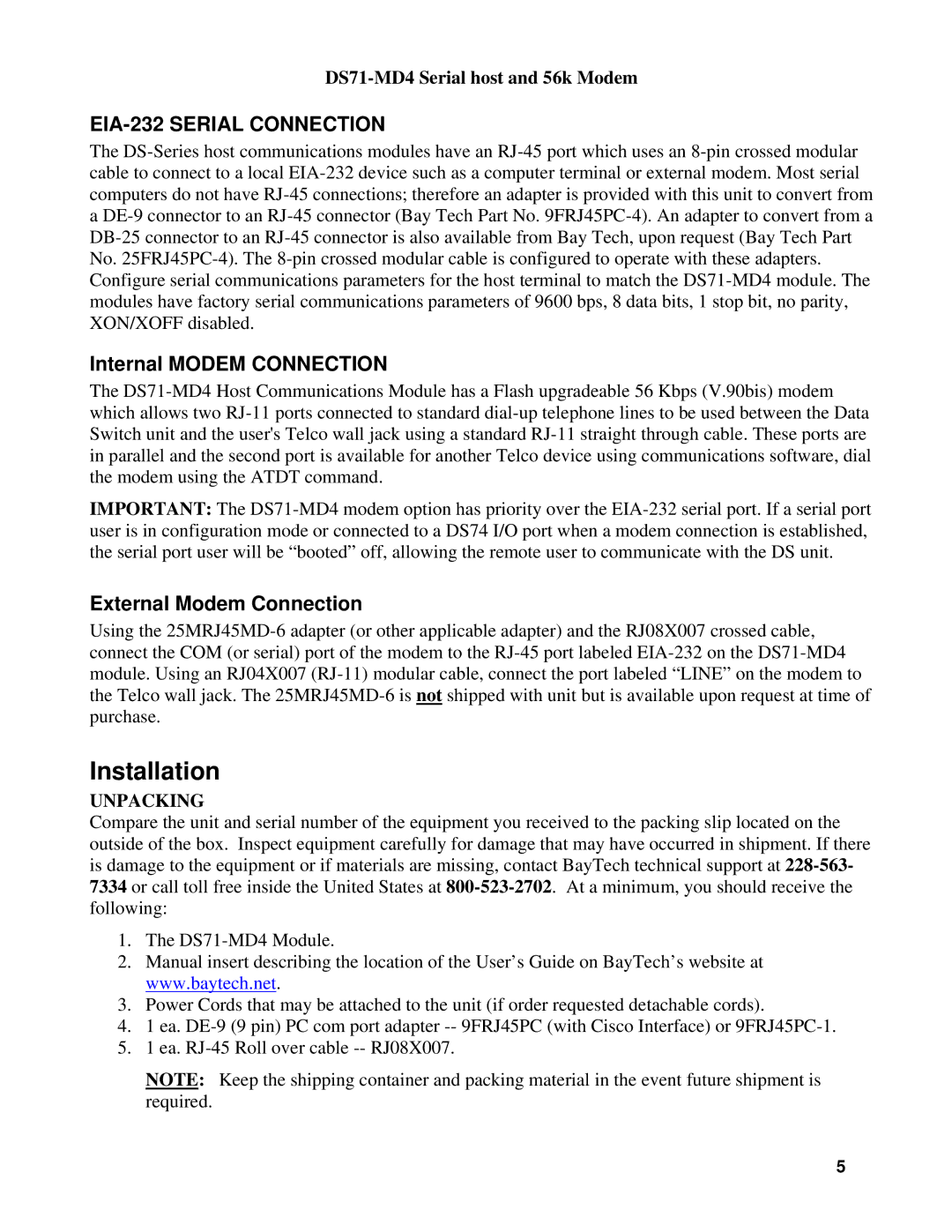 Cisco Systems DS Series, DS71-MD4 manual Installation, EIA-232 Serial Connection 