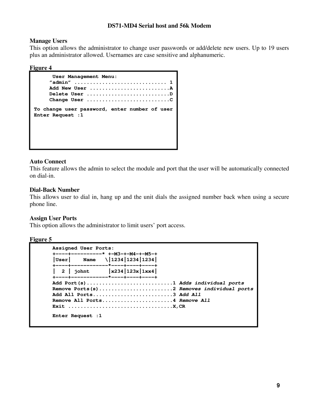 Cisco Systems DS Series DS71-MD4 Serial host and 56k Modem Manage Users, Auto Connect, Dial-Back Number, Assign User Ports 