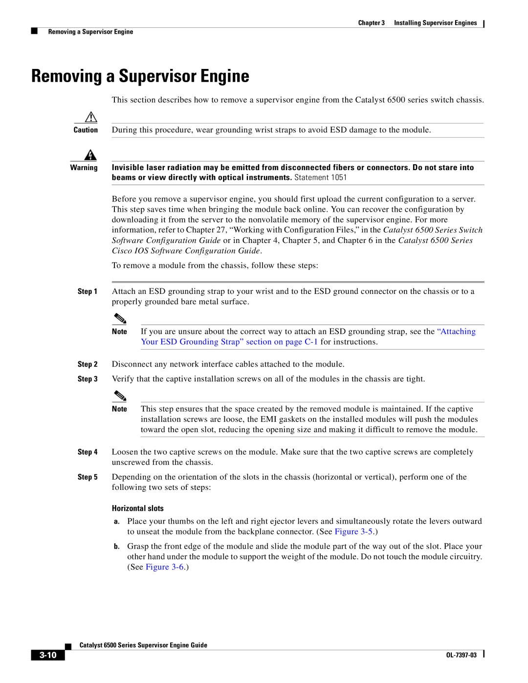 Cisco Systems DSN09EVS720ACK9 manual Removing a Supervisor Engine, Horizontal slots 