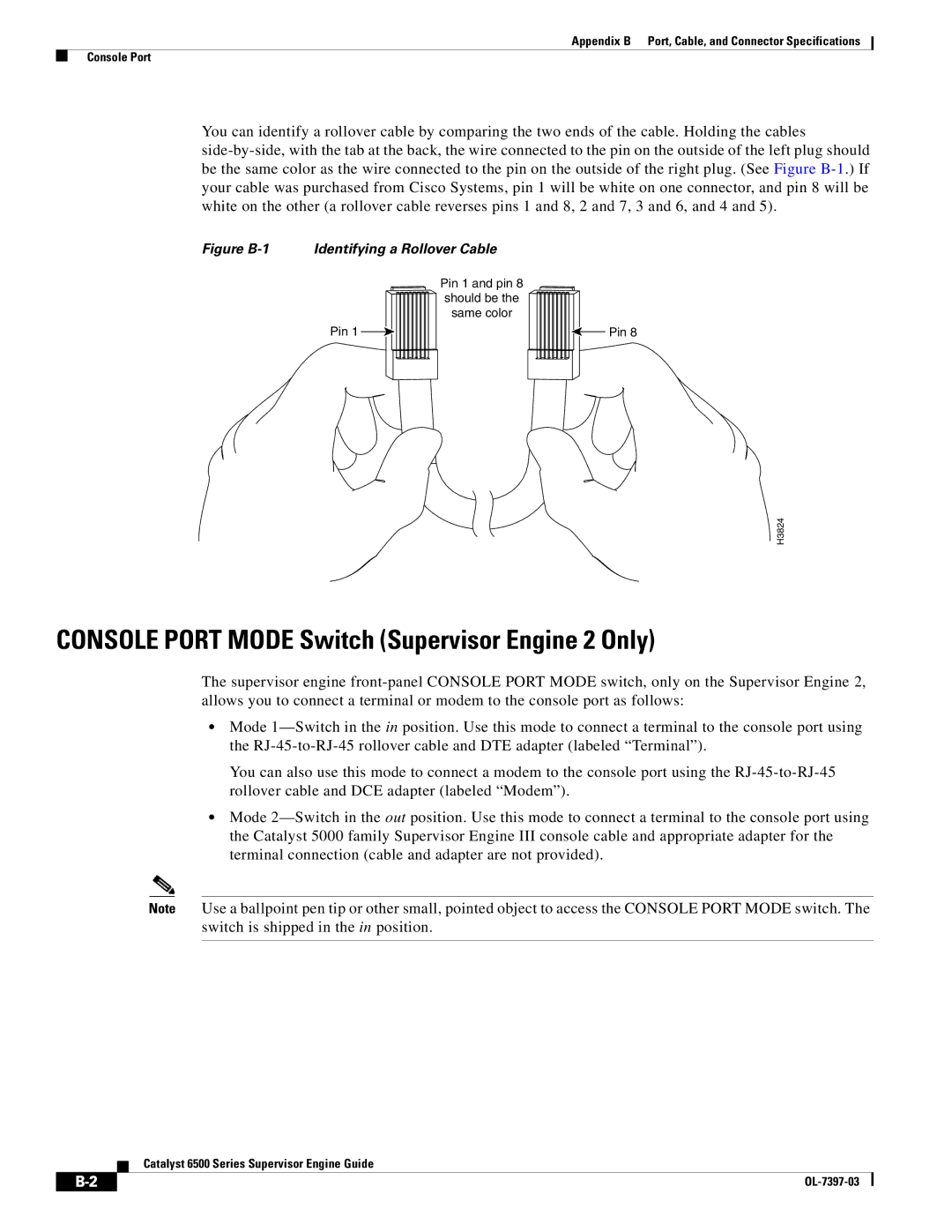 Cisco Systems DSN09EVS720ACK9 Console Port Mode Switch Supervisor Engine 2 Only, Figure B-1 Identifying a Rollover Cable 