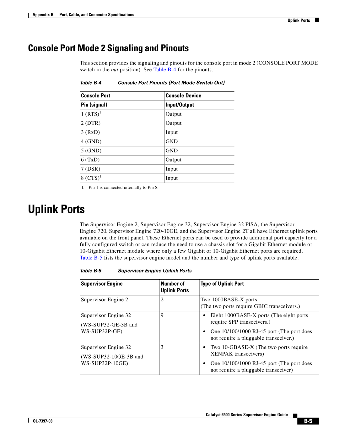 Cisco Systems DSN09EVS720ACK9 manual Uplink Ports, Console Port Mode 2 Signaling and Pinouts, WS-SUP32P-GE 