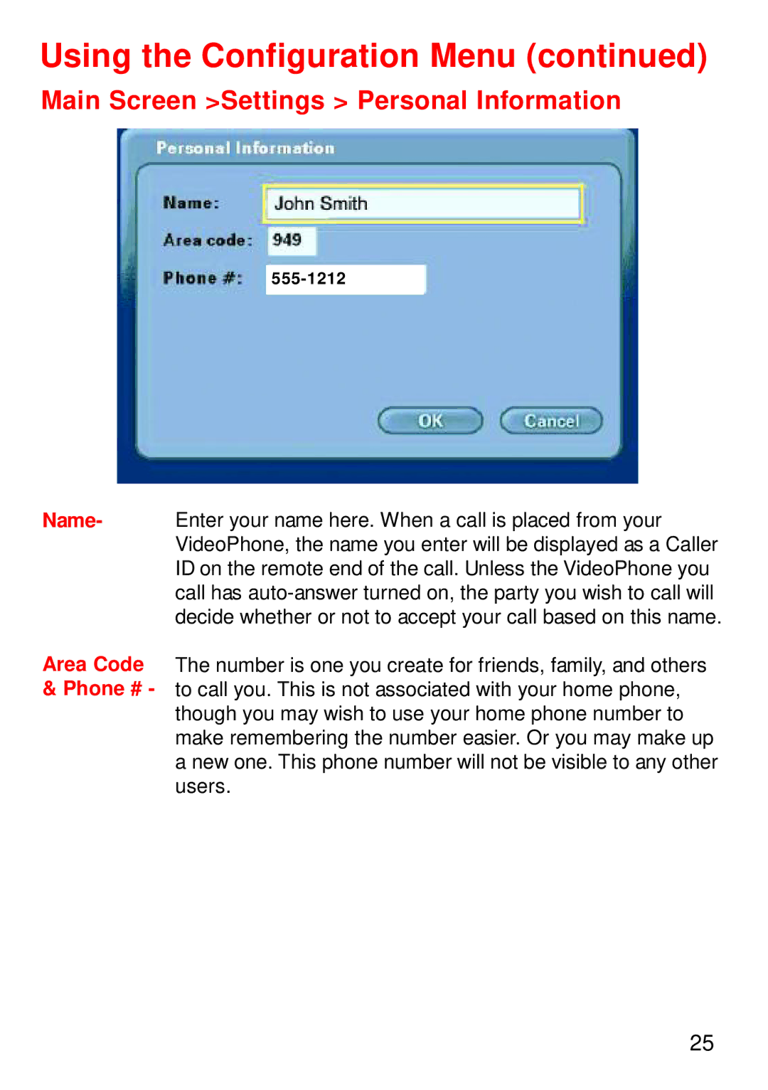 Cisco Systems DVC-1000 manual Main Screen Settings Personal Information, Name 