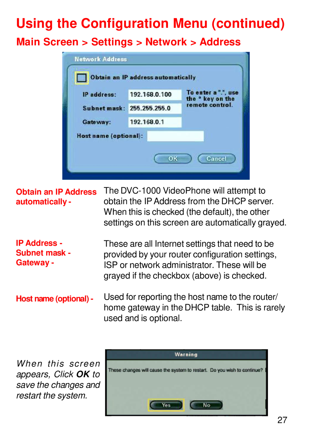 Cisco Systems DVC-1000 manual Main Screen Settings Network Address, IP Address Subnet mask Gateway 