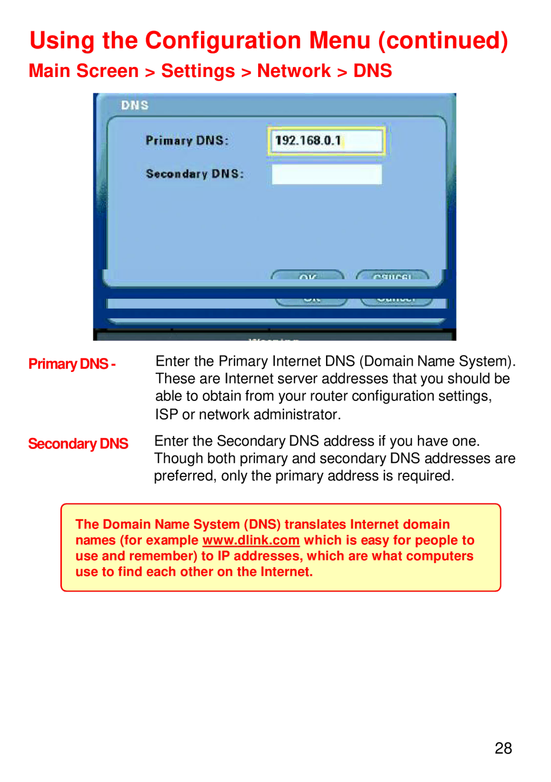 Cisco Systems DVC-1000 manual Main Screen Settings Network DNS, Primary DNS Secondary DNS 