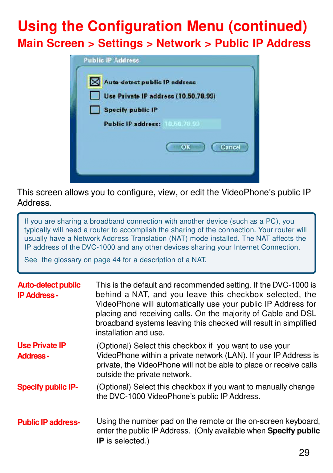 Cisco Systems DVC-1000 manual Main Screen Settings Network Public IP Address 