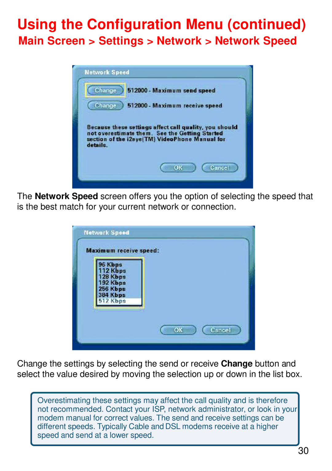 Cisco Systems DVC-1000 manual Main Screen Settings Network Network Speed 