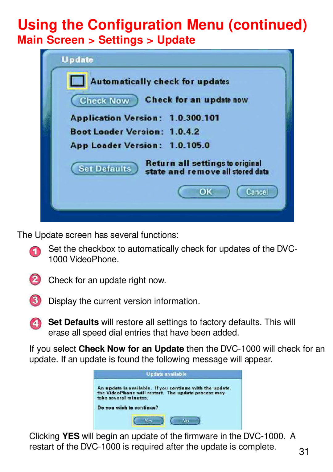 Cisco Systems DVC-1000 manual Main Screen Settings Update 