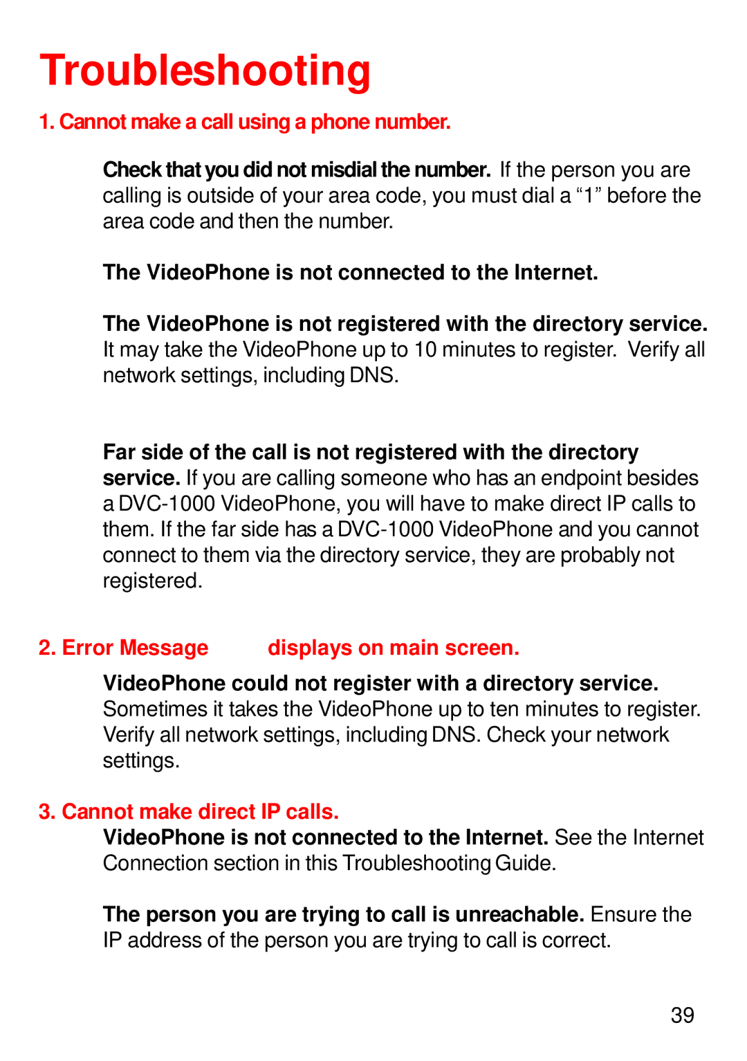 Cisco Systems DVC-1000 Troubleshooting, Cannot make a call using a phone number, Error Message displays on main screen 