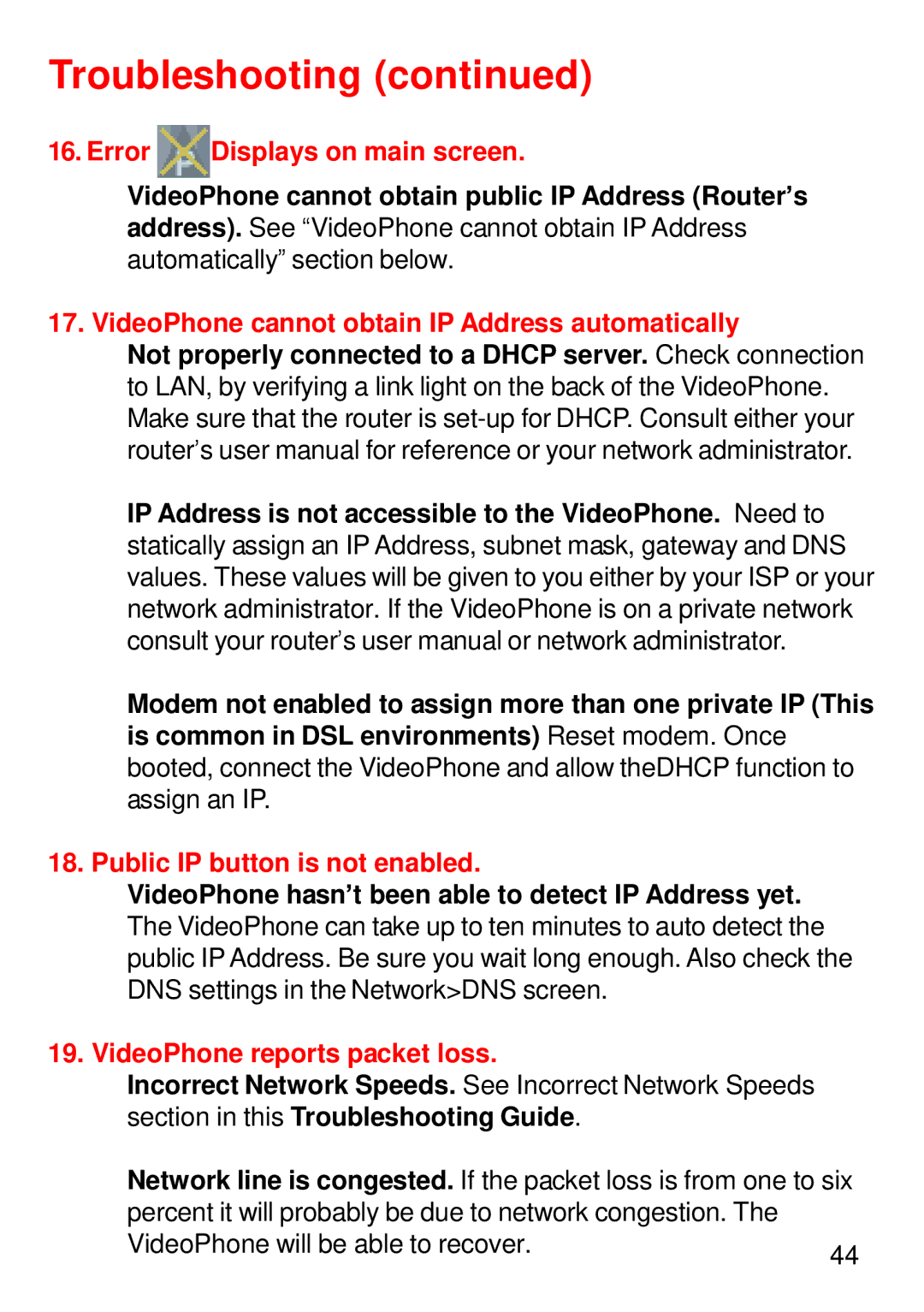 Cisco Systems DVC-1000 manual Error Displays on main screen, VideoPhone cannot obtain IP Address automatically 