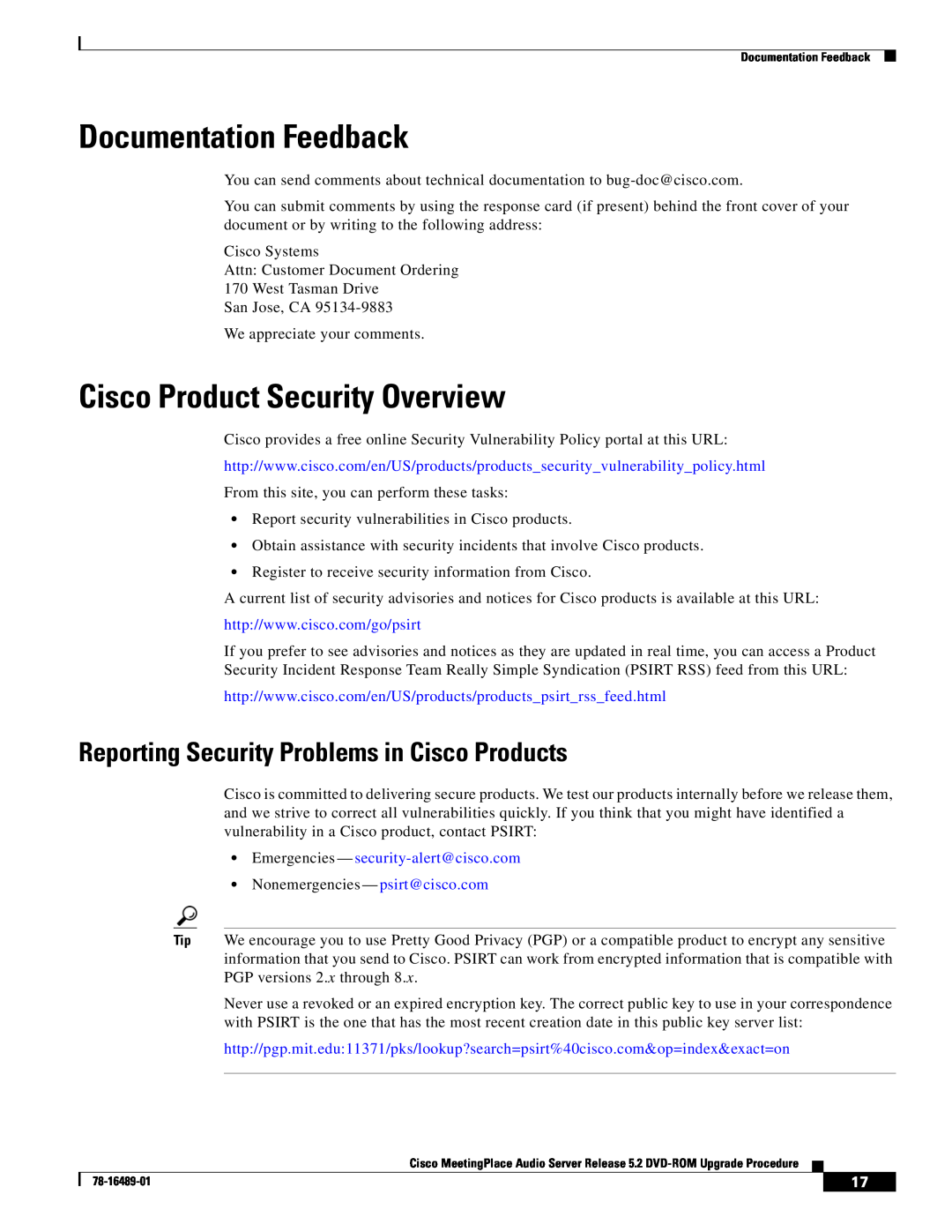 Cisco Systems DVD-ROM Documentation Feedback, Cisco Product Security Overview, Emergencies - security-alert@cisco.com 