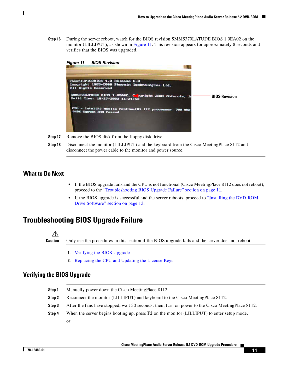 Cisco Systems DVD-ROM Troubleshooting Bios Upgrade Failure, What to Do Next, Verifying the Bios Upgrade, Bios Revision 