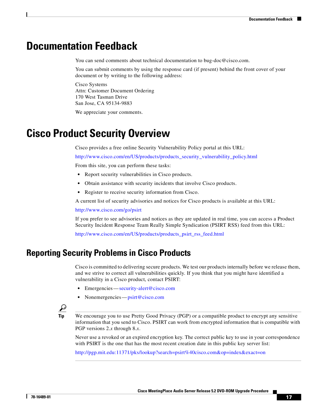 Cisco Systems DVD-ROM manual Documentation Feedback, Cisco Product Security Overview 