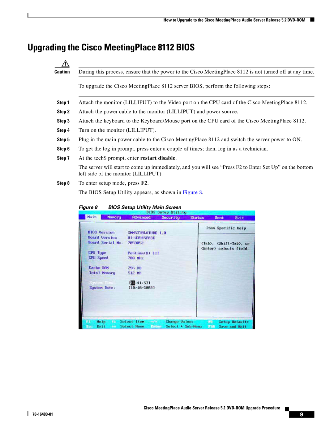 Cisco Systems DVD-ROM manual Upgrading the Cisco MeetingPlace 8112 Bios, Bios Setup Utility Main Screen 