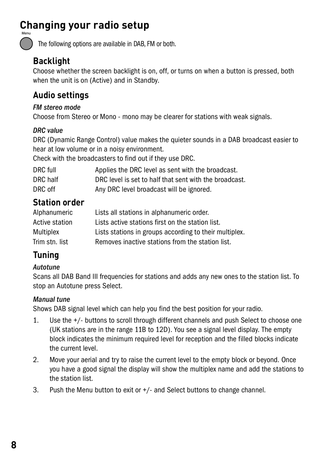 Cisco Systems DX40 owner manual Changing your radio setup, Backlight, Audio settings, Station order, Tuning 