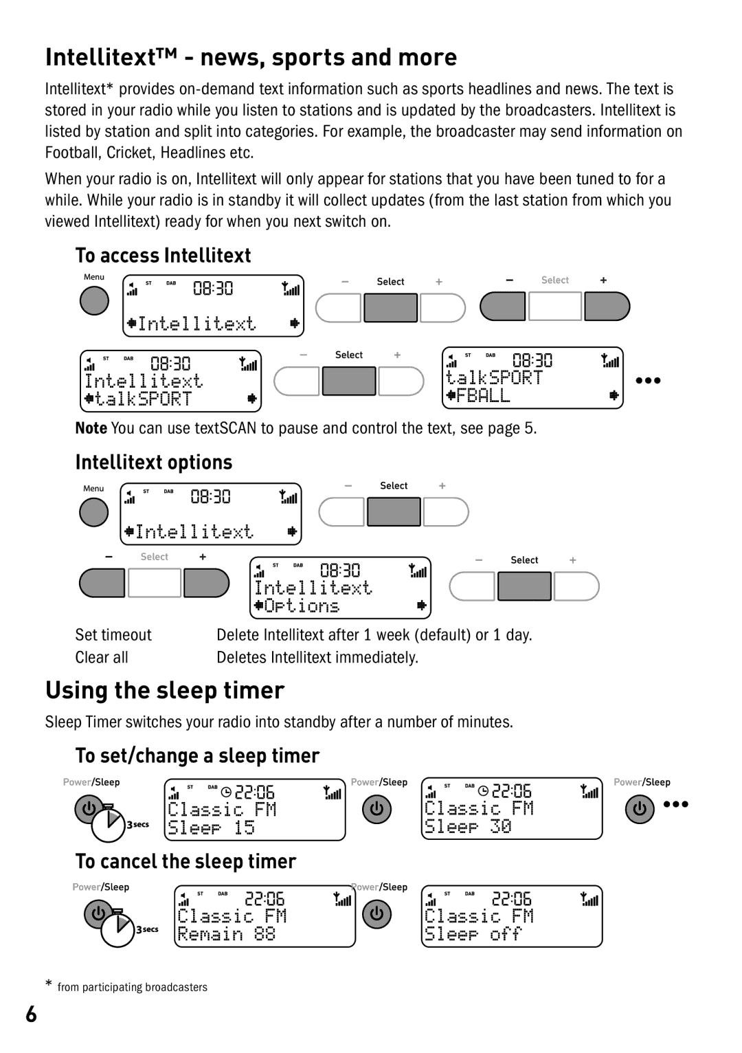 Cisco Systems DX40 owner manual Intellitext news, sports and more, Using the sleep timer 