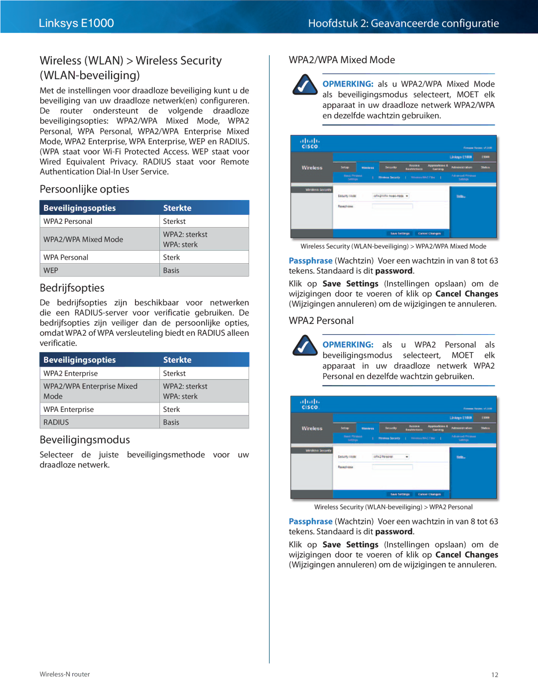 Cisco Systems E1000 manual Wireless Wlan Wireless Security WLAN-beveiliging, Persoonlijke opties, Bedrijfsopties 