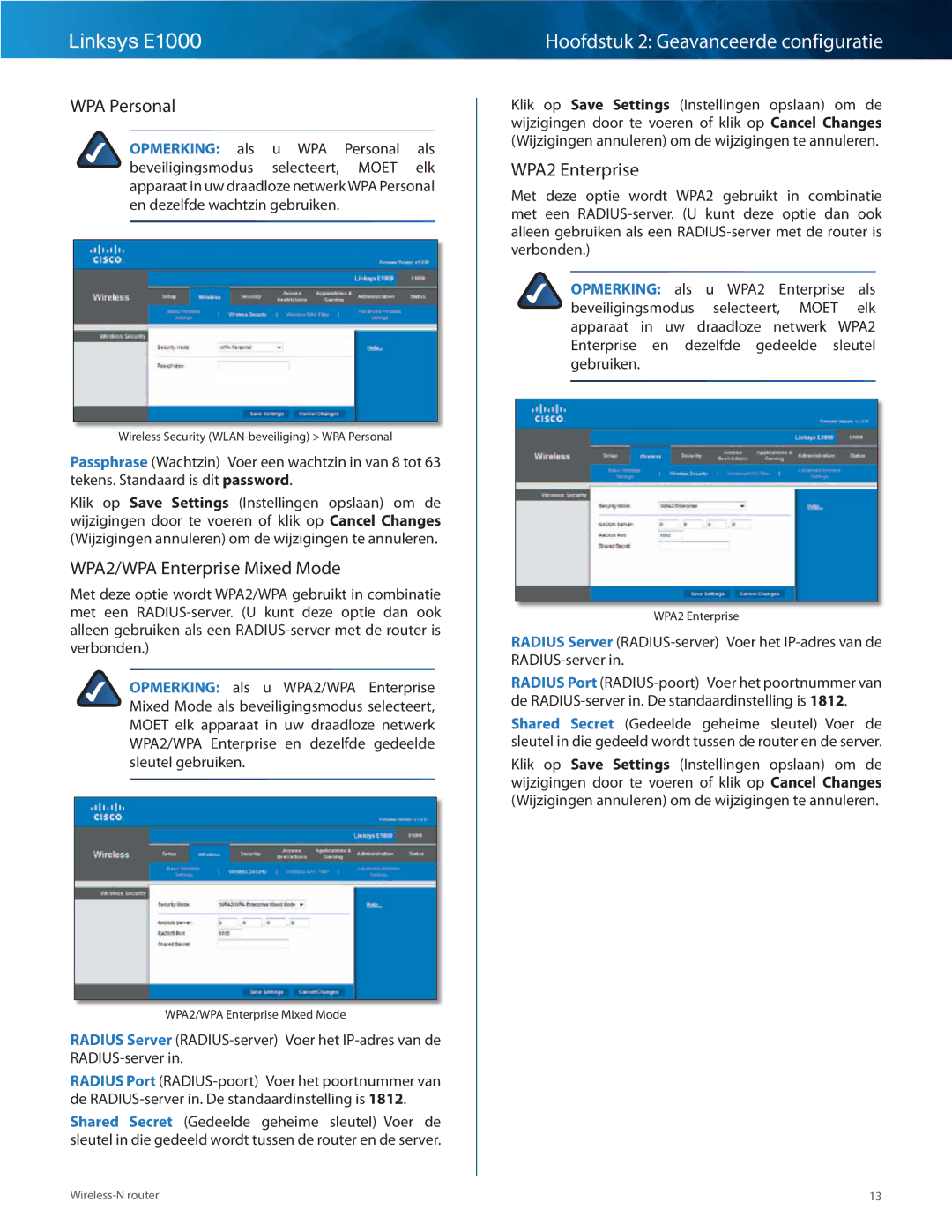 Cisco Systems E1000 manual WPA Personal, WPA2/WPA Enterprise Mixed Mode, WPA2 Enterprise 