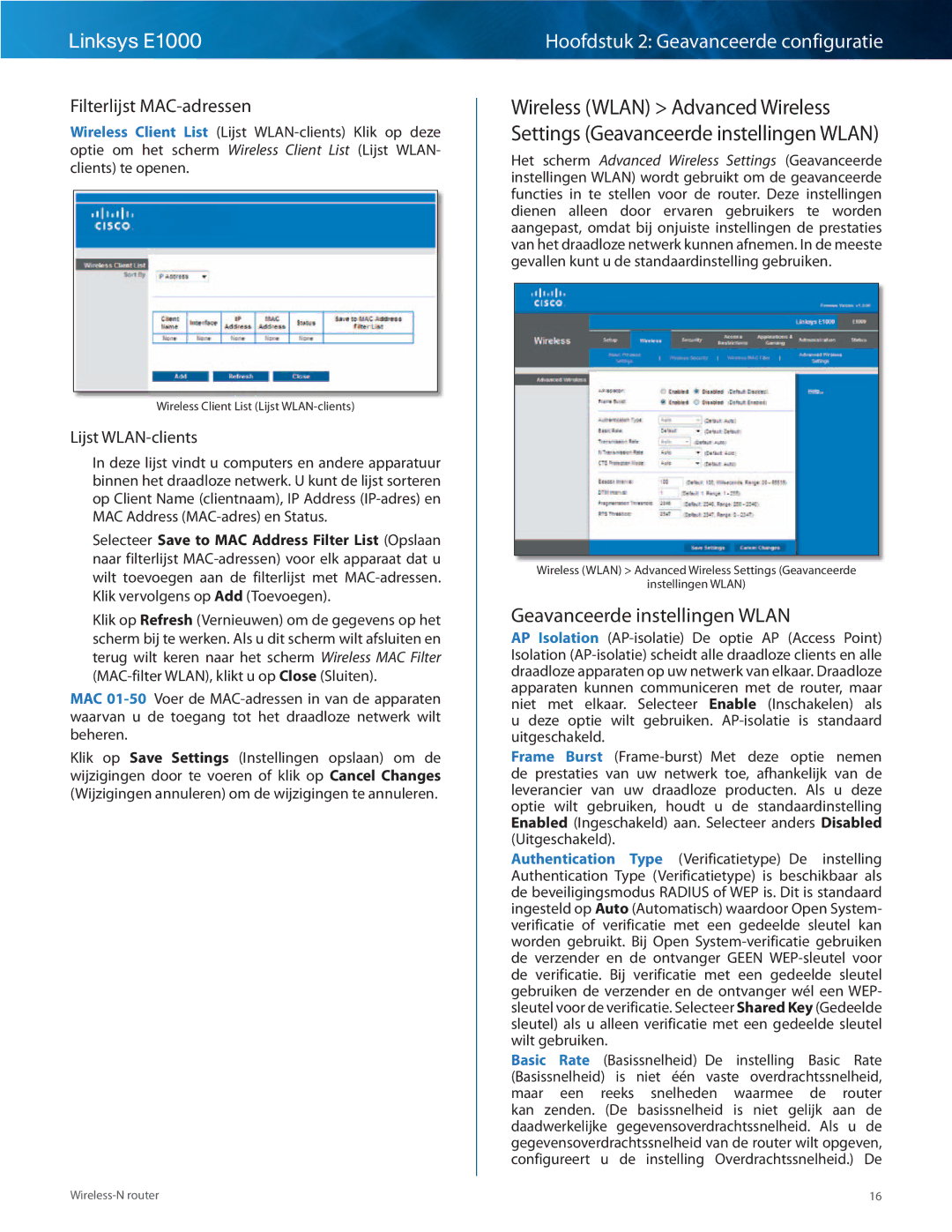 Cisco Systems E1000 manual Geavanceerde instellingen Wlan, Filterlijst MAC-adressen, Lijst WLAN-clients 