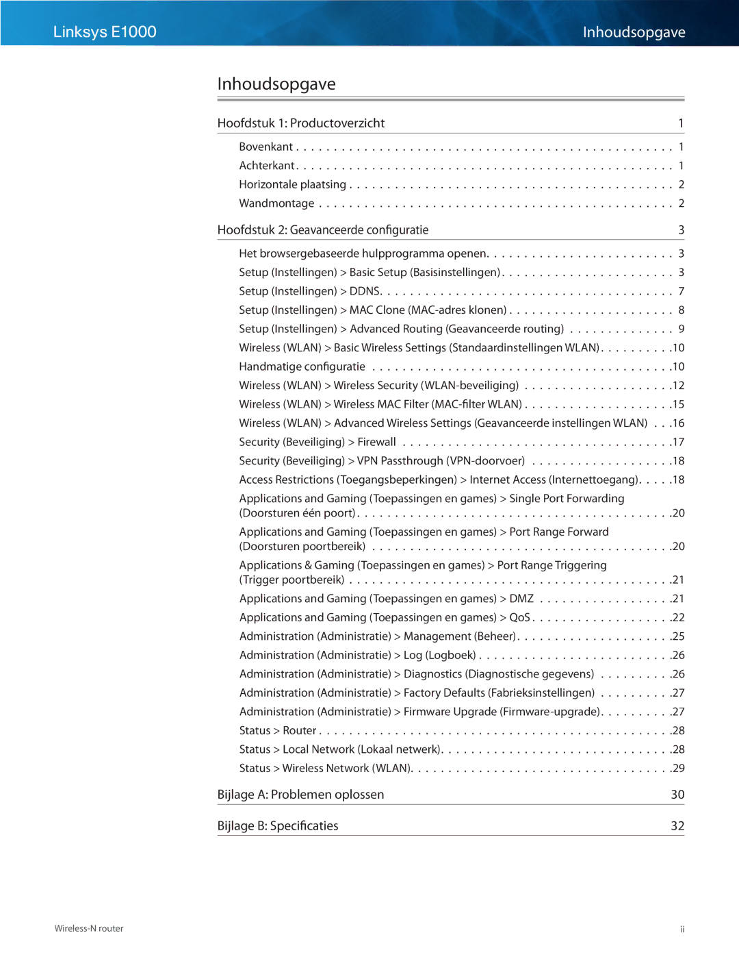 Cisco Systems Linksys E1000 Inhoudsopgave, Hoofdstuk 1 Productoverzicht, Hoofdstuk 2 Geavanceerde configuratie 