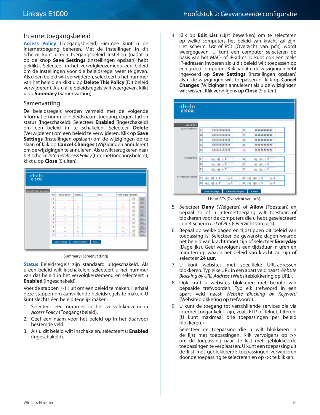 Cisco Systems E1000 manual Internettoegangsbeleid, Samenvatting 