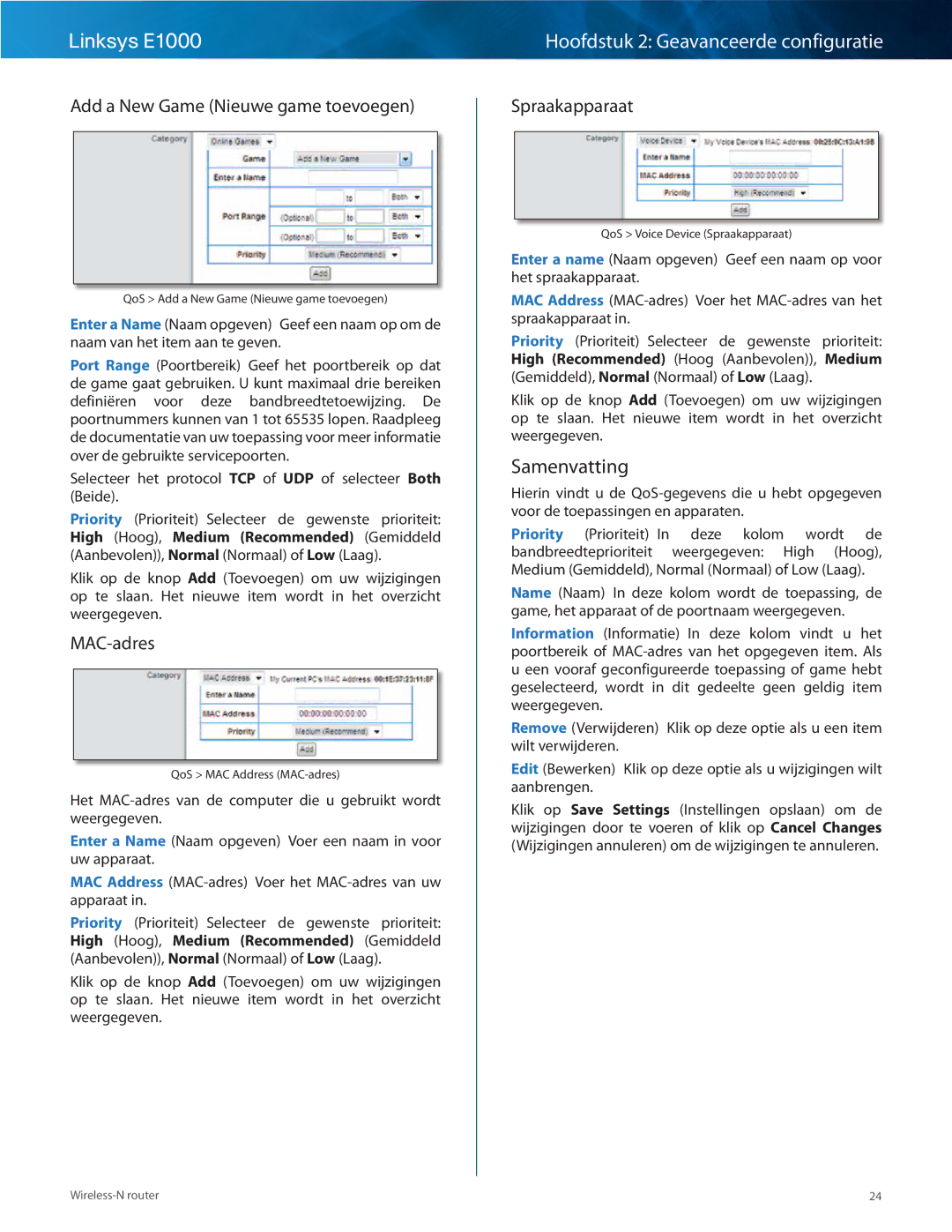 Cisco Systems E1000 manual Samenvatting, Add a New Game Nieuwe game toevoegen, MAC-adres, Spraakapparaat 