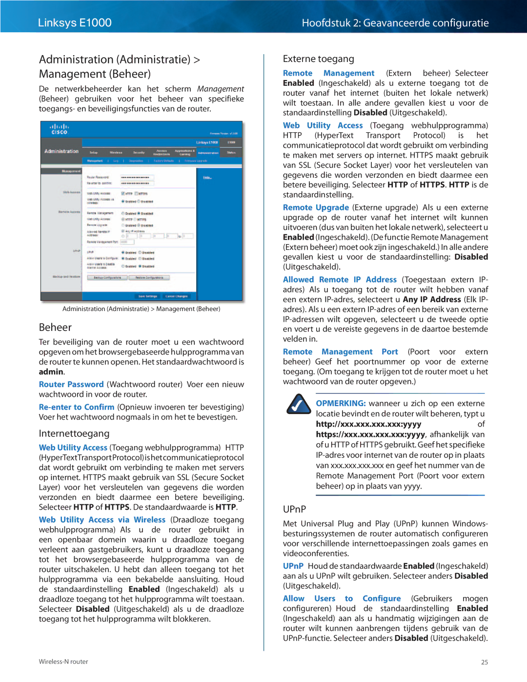 Cisco Systems E1000 manual Administration Administratie Management Beheer, Internettoegang, Externe toegang, UPnP 