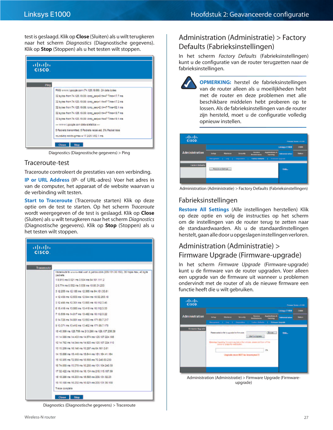 Cisco Systems E1000 manual Traceroute-test, Fabrieksinstellingen 